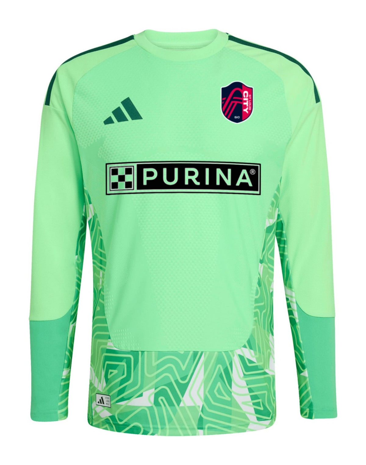 St. Louis City 2026 green goalkeeper shirt front, long sleeves with patterned hem