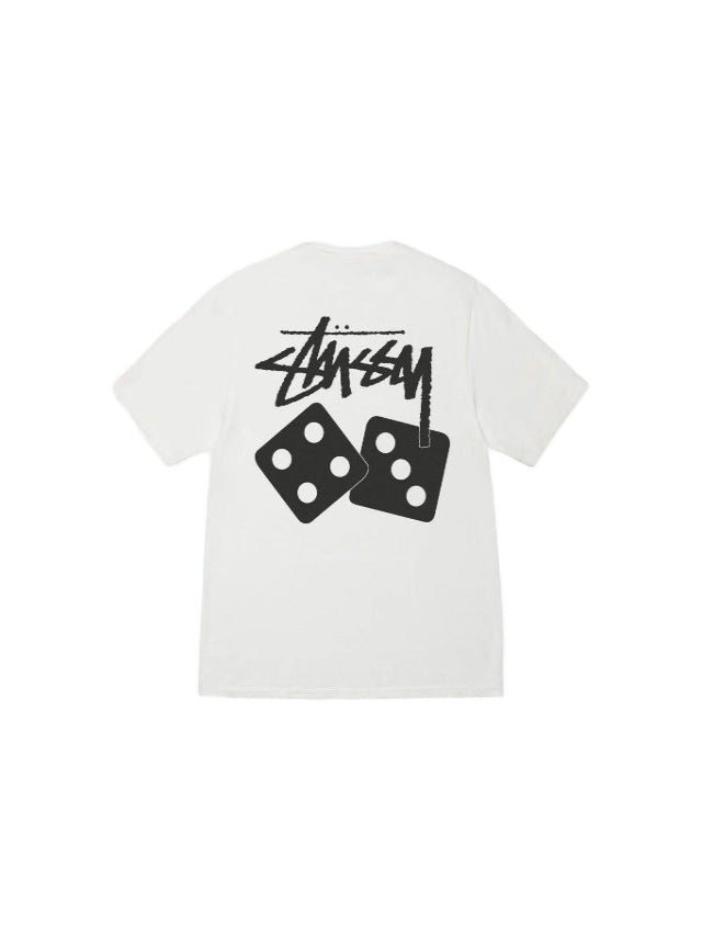 White t-shirt with black graphics and text on a white background