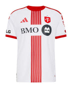 Toronto FC 2026 away shirt front, white Winter Armour kit with six red stripes