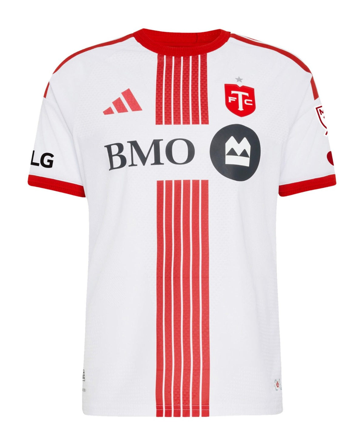 Toronto FC 2026 away shirt front, white Winter Armour kit with six red stripes