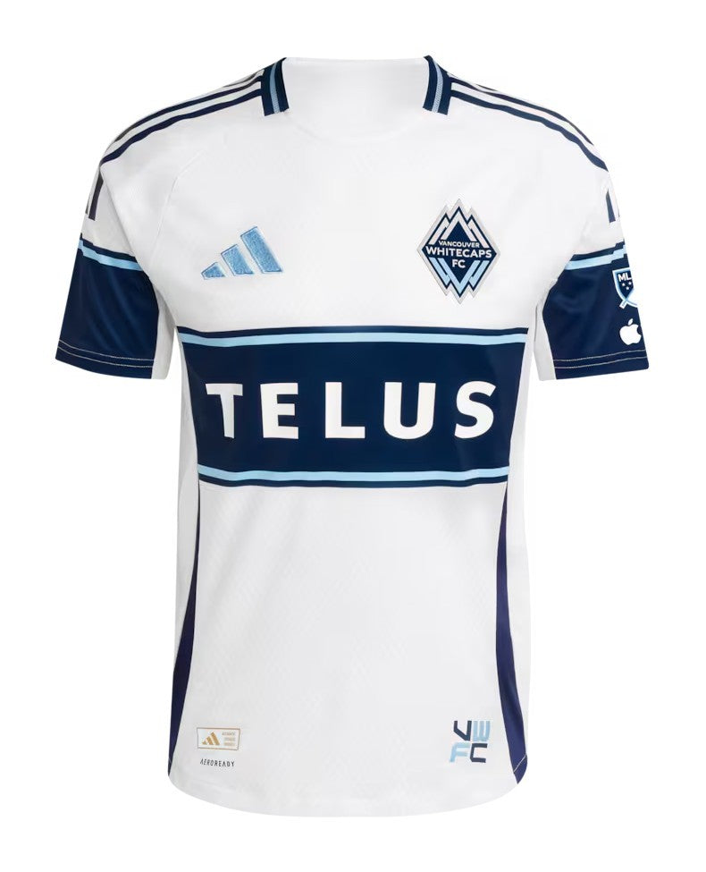 Vancouver Whitecaps 2026 home shirt front, white Peak kit with navy hoop